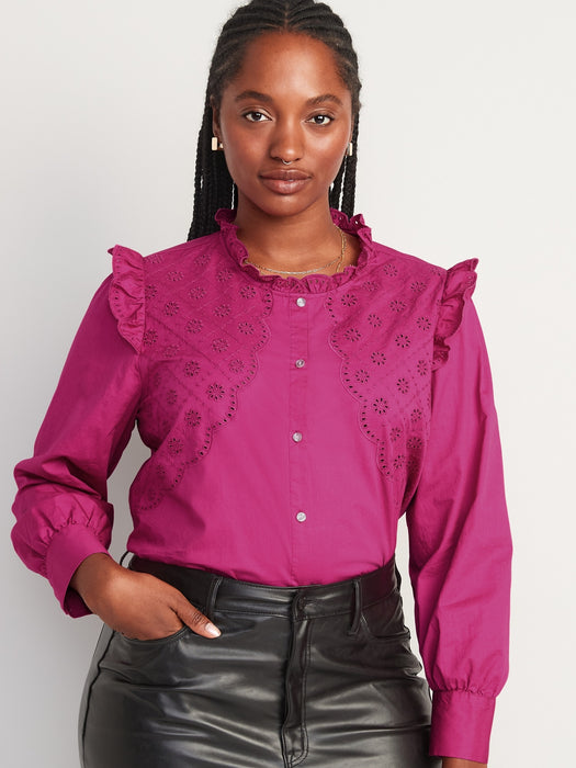 Collarless Ruffle-Trimmed Embroidered Button-Down Shirt for Women