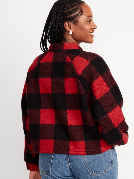 Oversized Buffalo Plaid Logo Sherpa Quarter-Zip Sweatshirt for Women