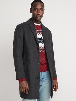 Soft-Brushed Plaid Button-Front Topcoat for Men
