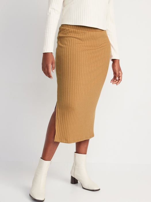 Fitted Rib-Knit Midi Skirt for Women - Yellow