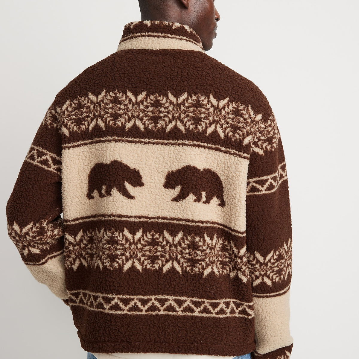 Oversized Patterned Sherpa Quarter-Zip Sweatshirt for Men - Brown