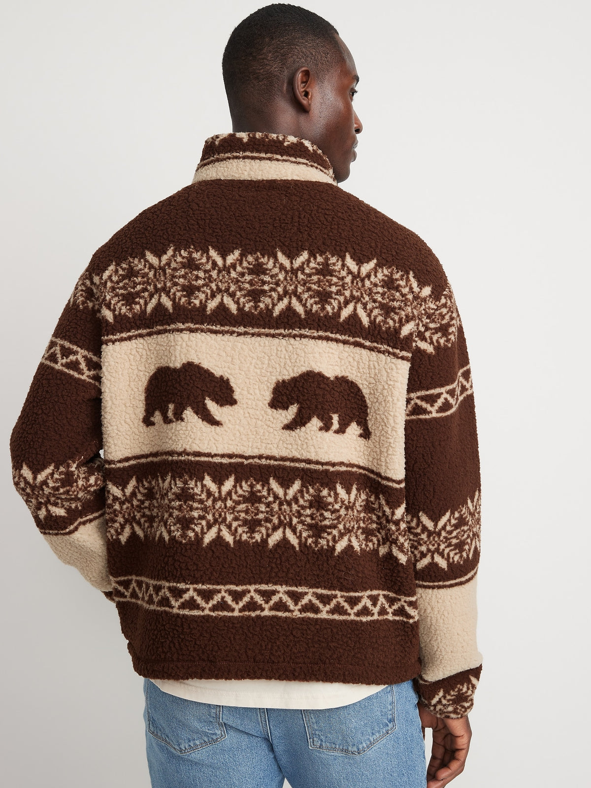 Oversized Patterned Sherpa Quarter-Zip Sweatshirt for Men - Brown