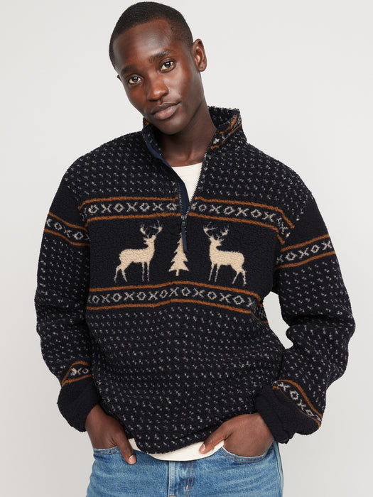 Oversized Patterned Sherpa Quarter-Zip Sweatshirt for Men - Blue