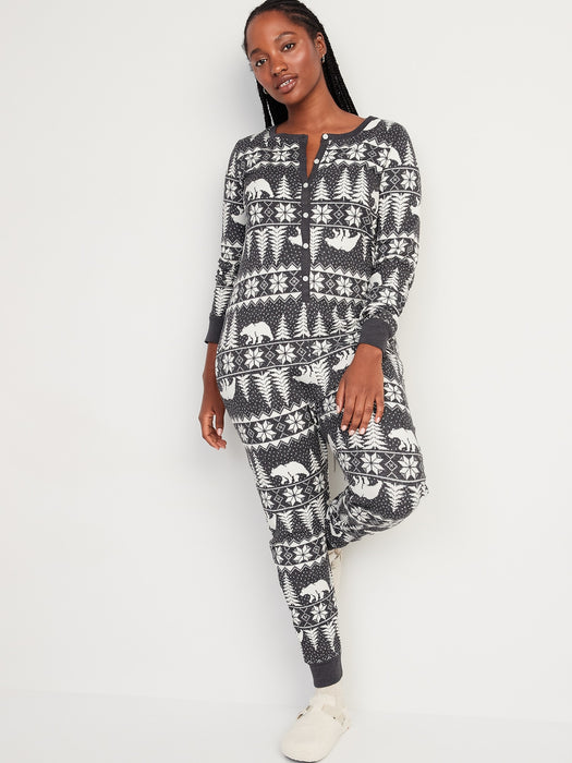 Matching Printed Thermal-Knit One-Piece Pajamas for Women - Multi