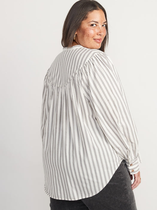Puff-Sleeve Striped Henley Shirt for Women - Beige