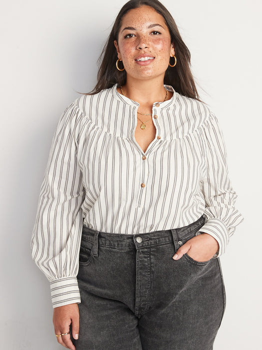 Puff-Sleeve Striped Henley Shirt for Women - Beige
