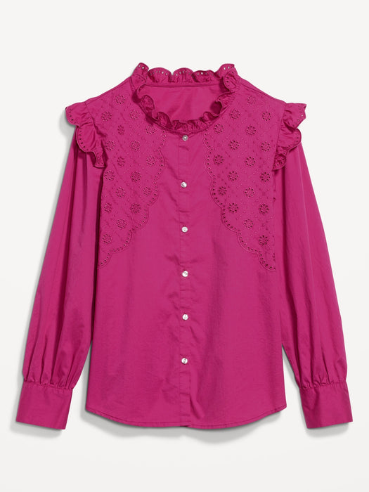 Collarless Ruffle-Trimmed Embroidered Button-Down Shirt for Women
