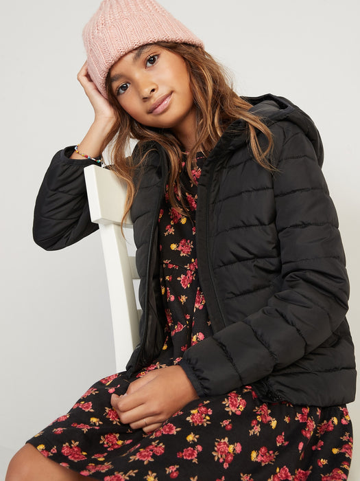 Water-Resistant Narrow-Channel Puffer Jacket for Girls - Black