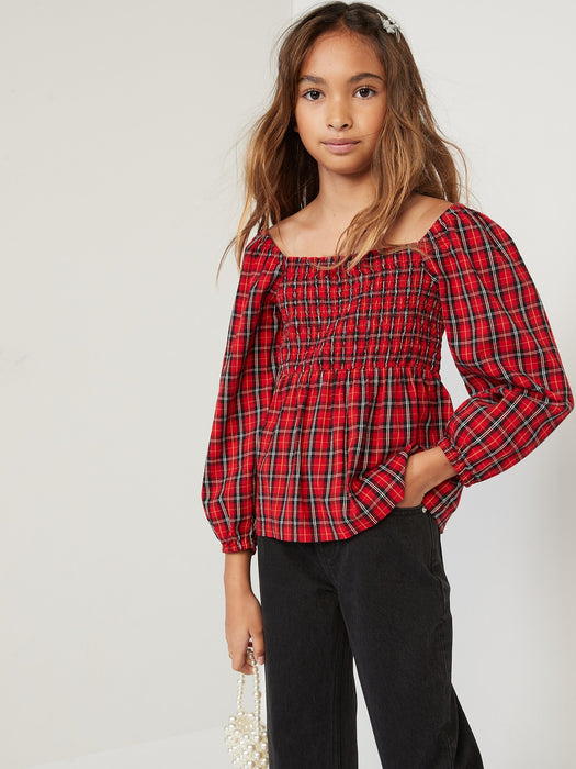 Long-Sleeve Smocked Plaid Cutout Bow Top for Girls - Red
