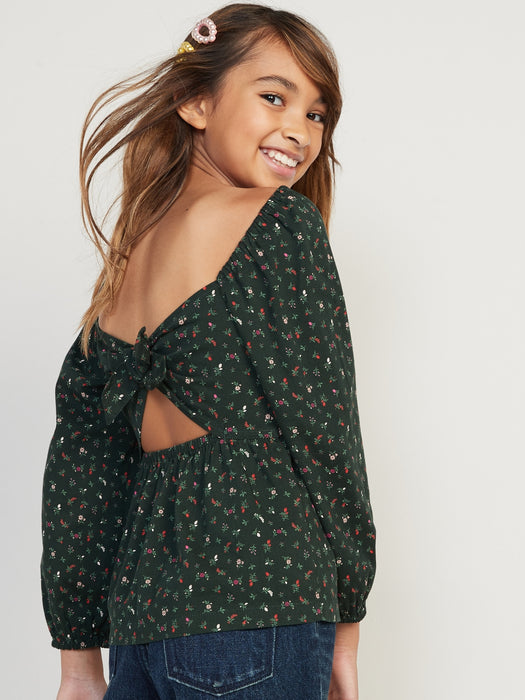 Long-Sleeve Smocked Floral-Print Cutout Bow Top for Girls - Green