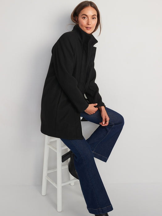 Soft-Brushed Funnel-Neck Coat for Women - Black