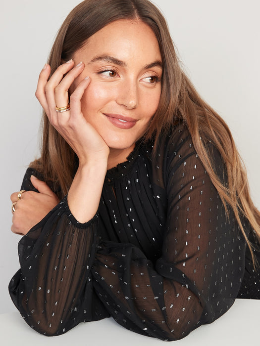 Waist-Defined Metallic Swiss Dot Smocked Mini Dress for Women