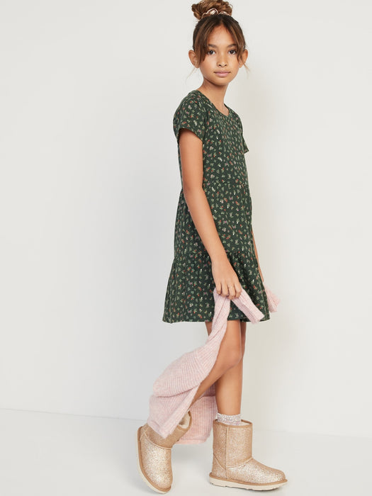 Short-Sleeve Tiered Printed Swing Dress for Girls