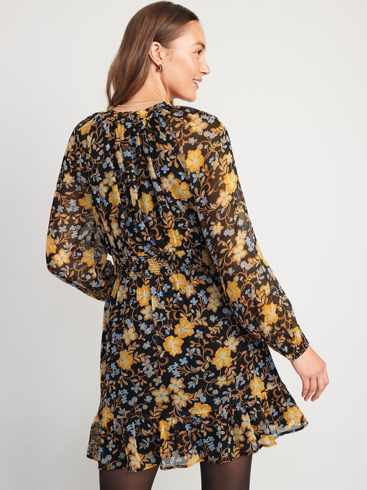 Waist-Defined Printed Smocked Mini Dress for Women