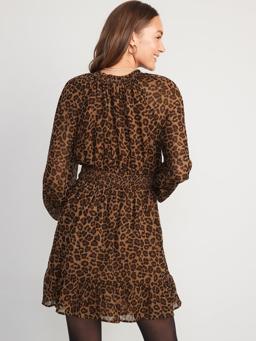 Waist-Defined Printed Smocked Mini Dress for Women