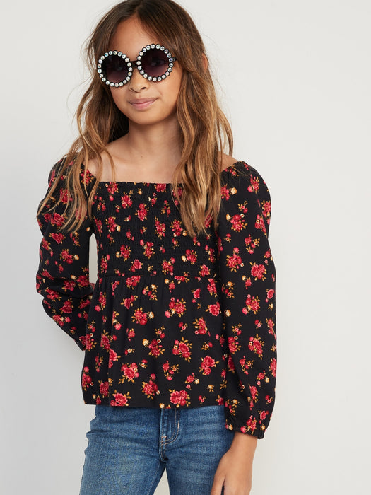 Long-Sleeve Smocked Floral-Print Cutout Bow Top for Girls