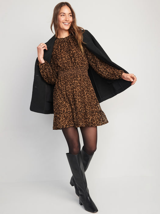 Waist-Defined Printed Smocked Mini Dress for Women