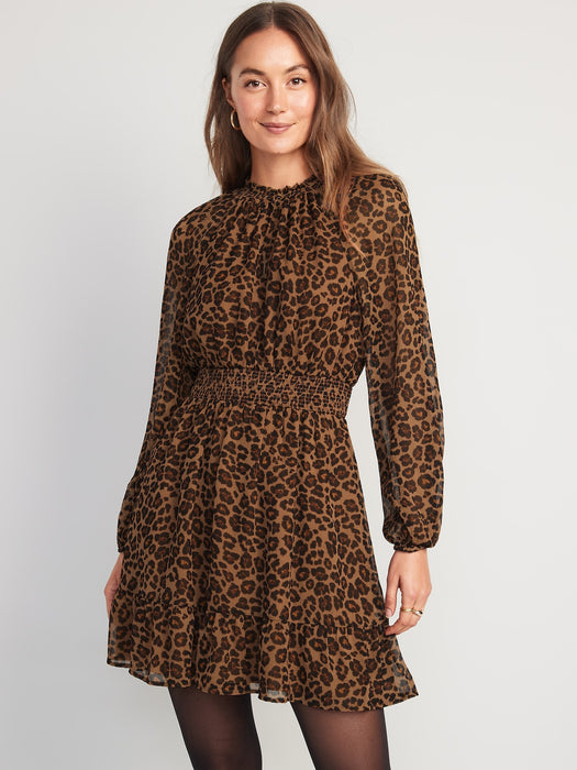 Waist-Defined Printed Smocked Mini Dress for Women