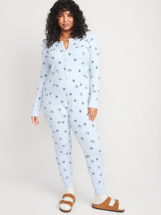 Matching Printed Thermal-Knit One-Piece Pajamas for Women - Multi