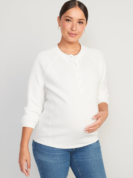 Maternity Thermal-Knit Long-Sleeve Henley Tunic Top for Women - White