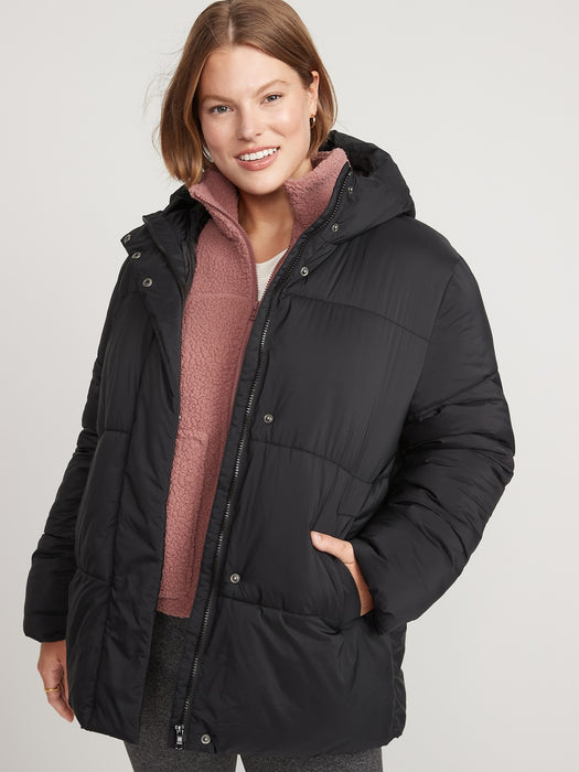 Water-Resistant Hooded Puffer Jacket for Women - Black