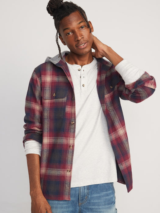Hooded Soft-Brushed Flannel Shirt for Men - Red