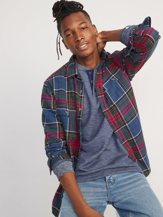 Regular-Fit Plaid Double-Brushed Flannel Shirt for Men