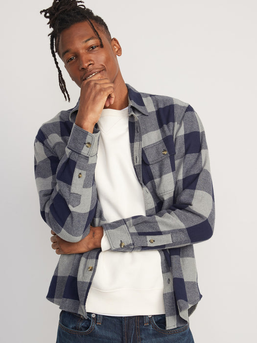 Regular-Fit Plaid Double-Brushed Flannel Shirt for Men