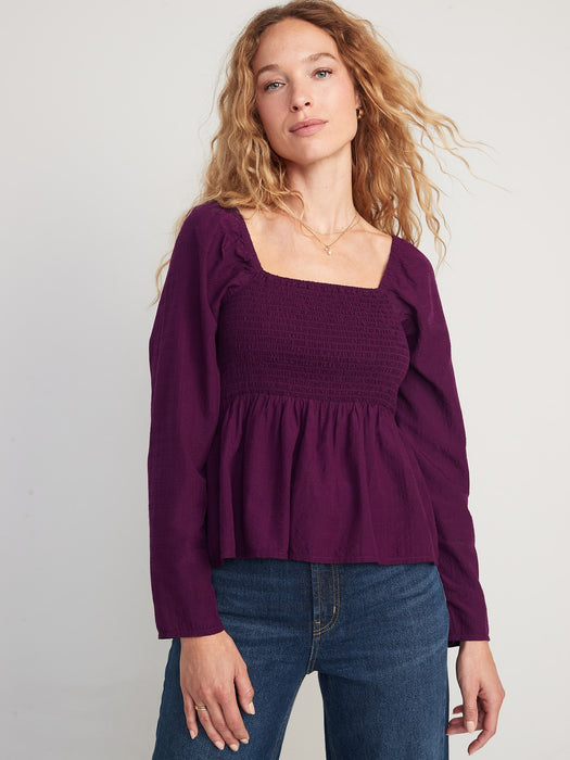 Seersucker Smocked Babydoll Blouse for Women