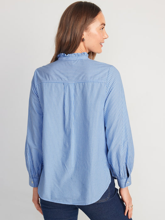 Ruffle-Trimmed Striped Collarless Tuxedo Shirt for Women