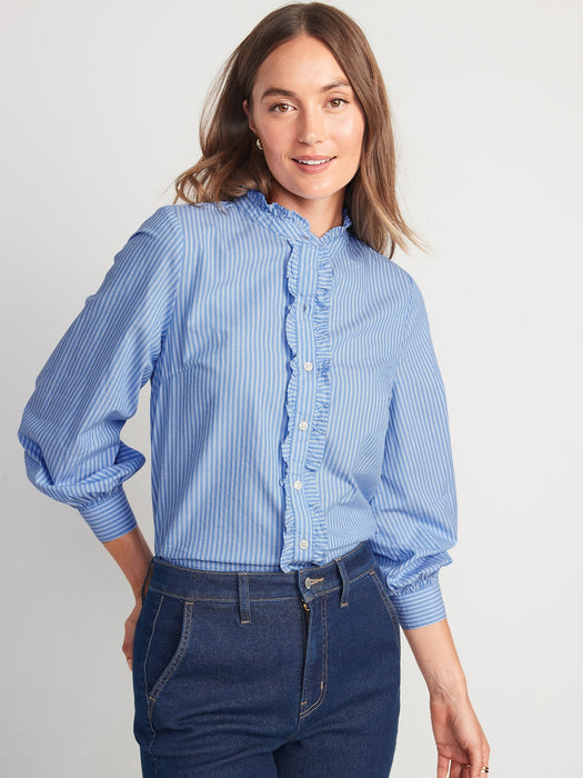 Ruffle-Trimmed Striped Collarless Tuxedo Shirt for Women