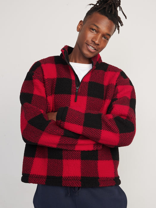 Oversized Plaid Sherpa Quarter-Zip Sweatshirt for Men