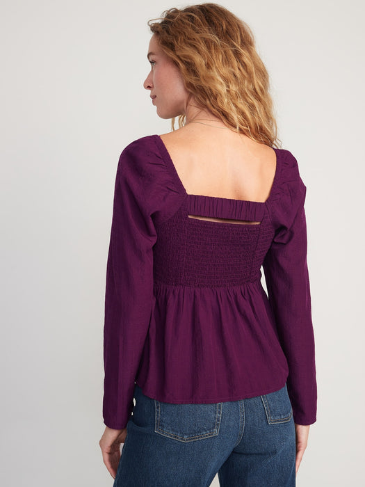 Seersucker Smocked Babydoll Blouse for Women