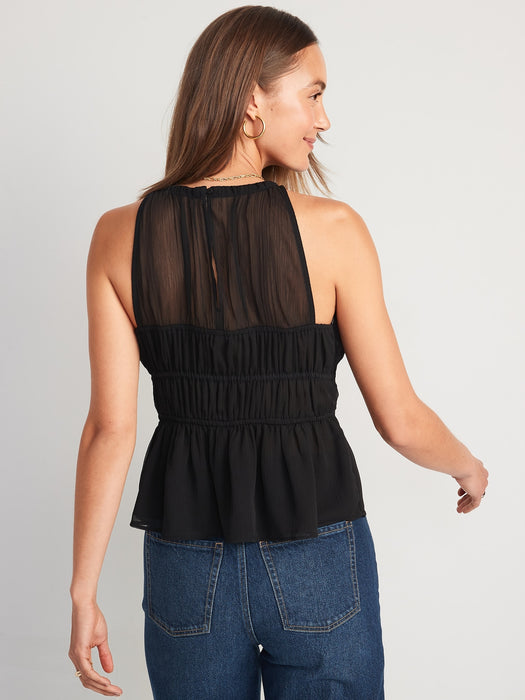 Sleeveless Shirred Crinkled Peplum Blouse for Women