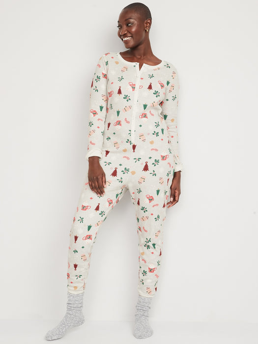 Matching Printed Thermal-Knit One-Piece Pajamas for Women