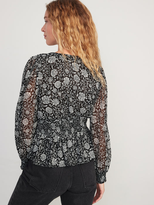 Puff-Sleeve Floral-Print Smocked Tie-Front Blouse for Women