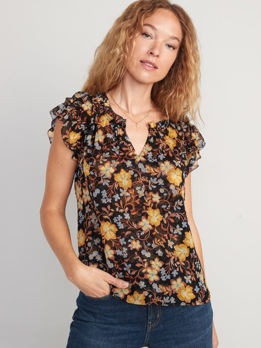 Flutter-Sleeve Printed Smocked Blouse for Women