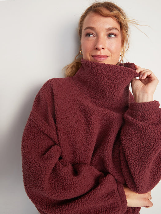 Cropped Sherpa Pullover Turtleneck Sweater for Women - Multi