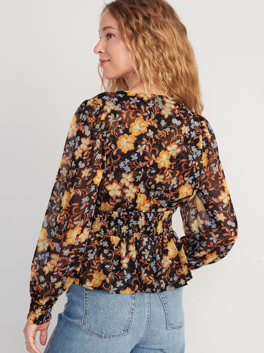 Puff-Sleeve Floral-Print Smocked Tie-Front Blouse for Women
