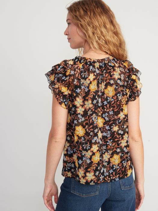 Flutter-Sleeve Printed Smocked Blouse for Women