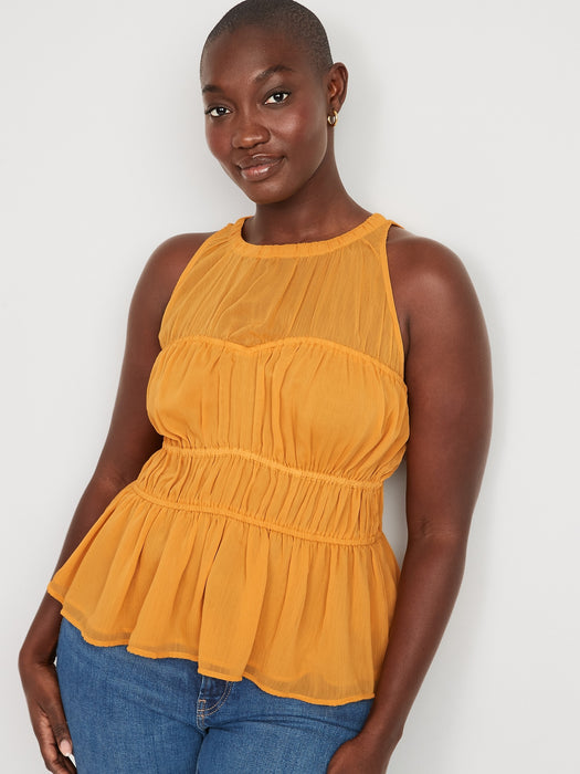Sleeveless Shirred Crinkled Peplum Blouse for Women