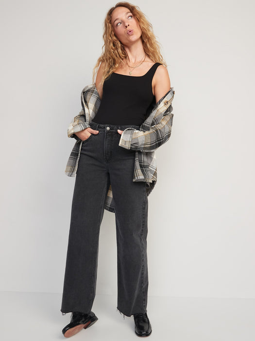 Fitted Square-Neck Ultra-Cropped Rib-Knit Tank Top for Women - Black