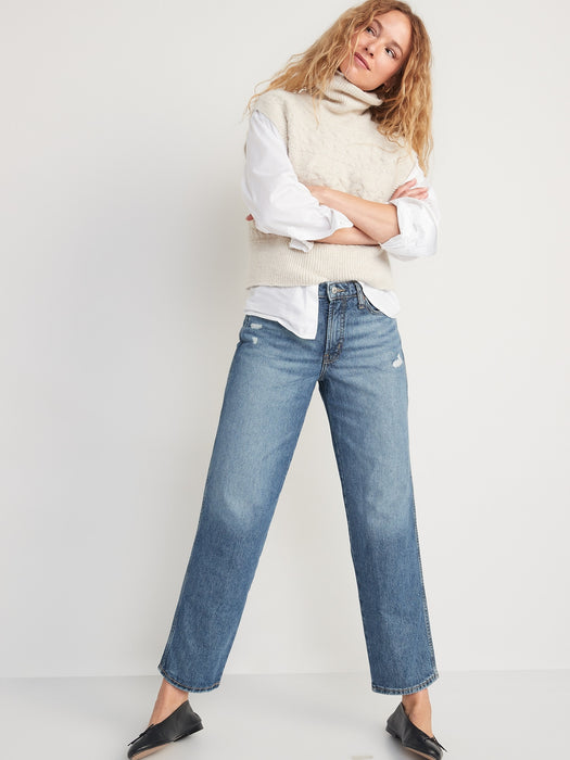 High-Waisted OG Loose Cotton-Hemp Blend Ripped Non-Stretch Jeans for Women