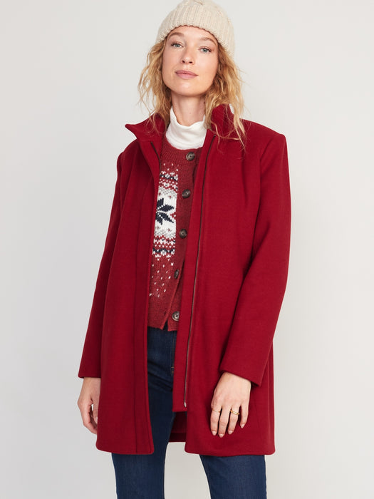 Soft-Brushed Funnel-Neck Coat for Women - Red