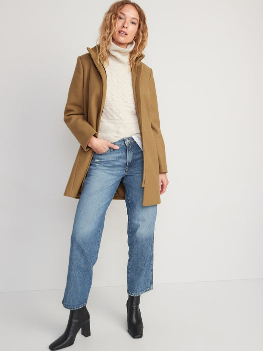 Soft-Brushed Funnel-Neck Coat for Women - Yellow