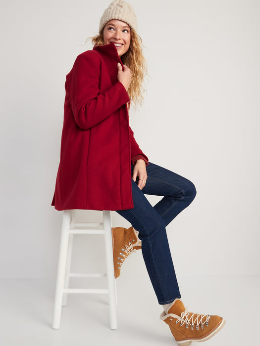Soft-Brushed Funnel-Neck Coat for Women - Red