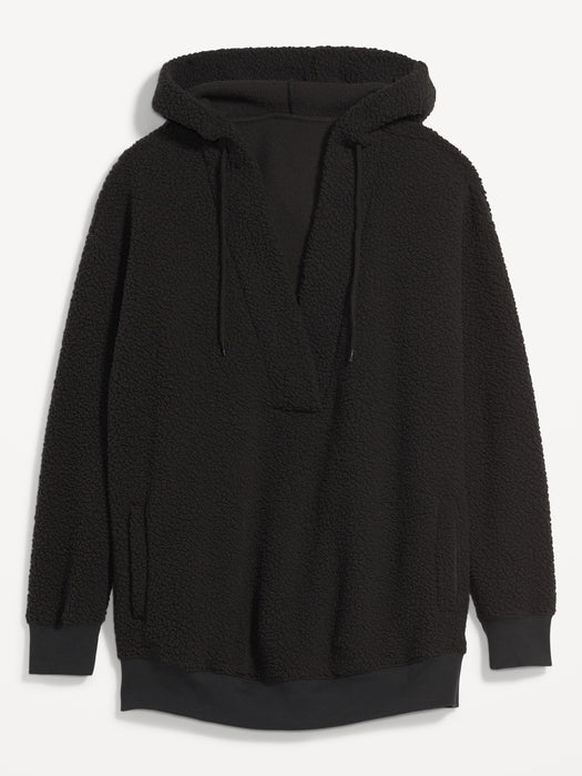 Maternity Sherpa Cross-Front Nursing Tunic Hoodie - Black