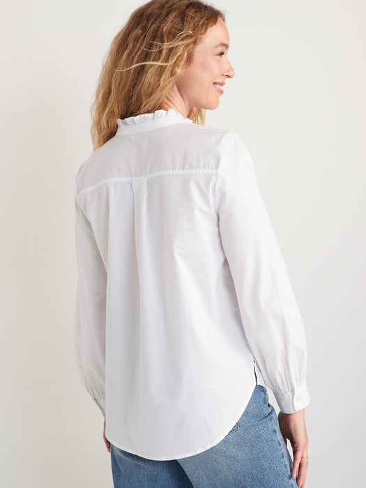 Ruffle-Trimmed Pintucked Collarless Tuxedo Shirt for Women