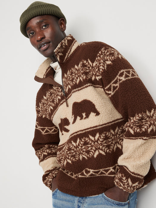 Oversized Patterned Sherpa Quarter-Zip Sweatshirt for Men - Brown