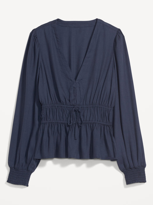 Waist-Defined Smocked Tie-Front Blouse for Women